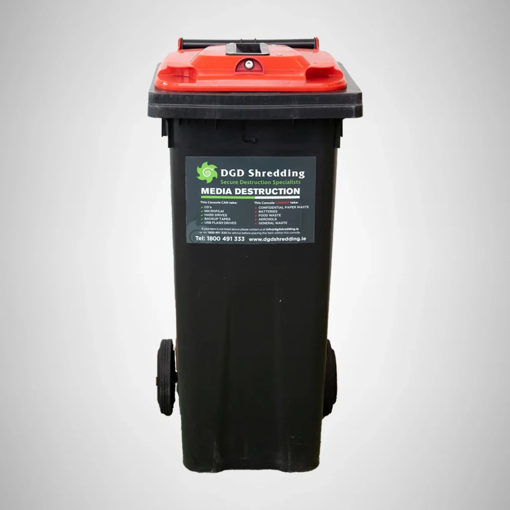 DGD Shredding - Standard 120ltr Hard Drive & Media Wheelie Bin; Mobile Onsite Shredding; Offsite Shredding; On-Demand Service; Regular Scheduled Service; Bulk Clear Out; Nationwide